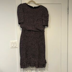 navy and blush patterned dress with smock bottom